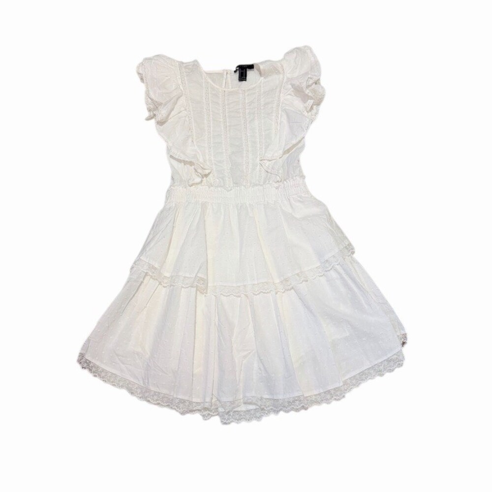 Forever 21 Women's White Swiss Dot Mini Dress Size S Babydoll Fit & Flare Ruffle